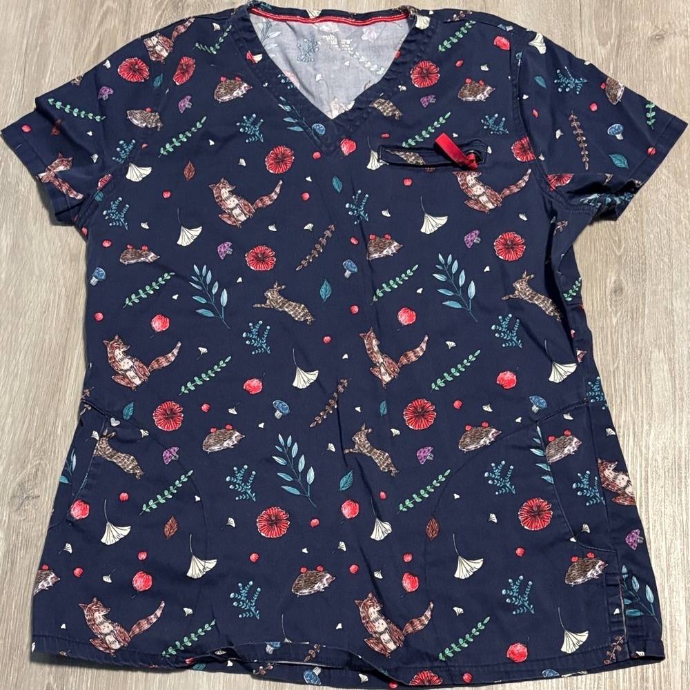 Navy Printed Short Sleeve‎ Top-Scrubs